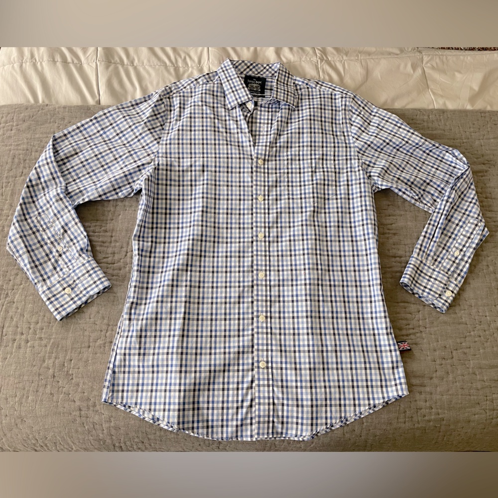 Savile Row Blue Gray Cotton Gingham Check Non Iron Slim Fit Formal Shirt LARGE
